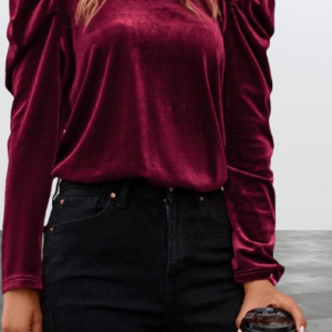 Mock Neck Velvet Top Long Sleeve Women's Puff Long Sleeve