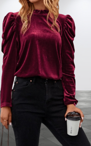 Mock Neck Velvet Top Long Sleeve Women's Puff Long Sleeve